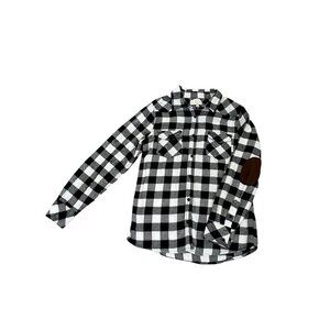 Ci Sono Womens Black & White Buffalo Plaid Button-Down Shirt With Brown Elbow Pa